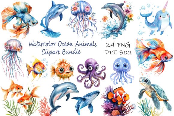 Download Watercolor Ocean Animals Clipart Bundle - Ocean animals clipart Collection