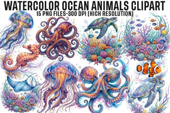 Download Watercolor Ocean Animals Clipart PNG - Ocean animals clipart Collection